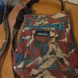 KAVU Teal Red Patterned Canvas Messenger Bag